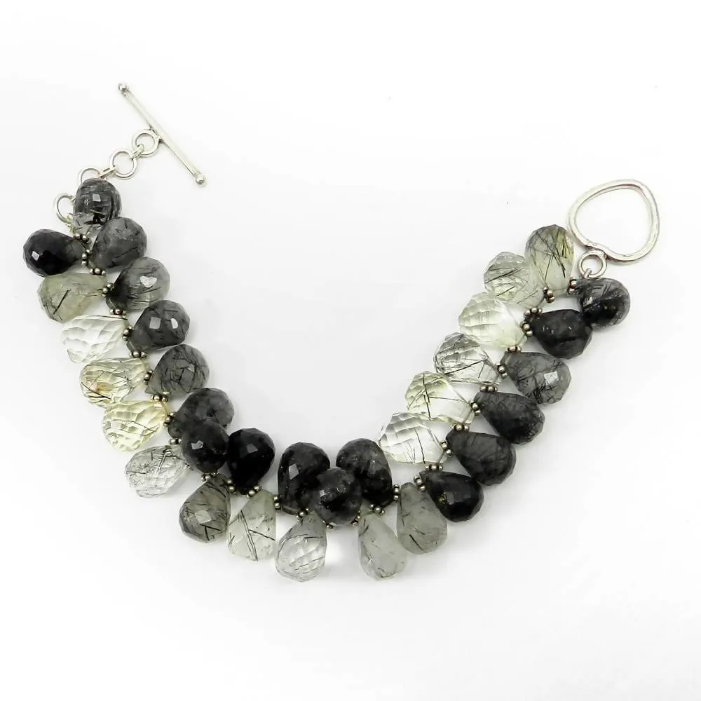 9 Inch Natural Black Rutile Quartz Faceted Drop Silver Link Chain bracelet