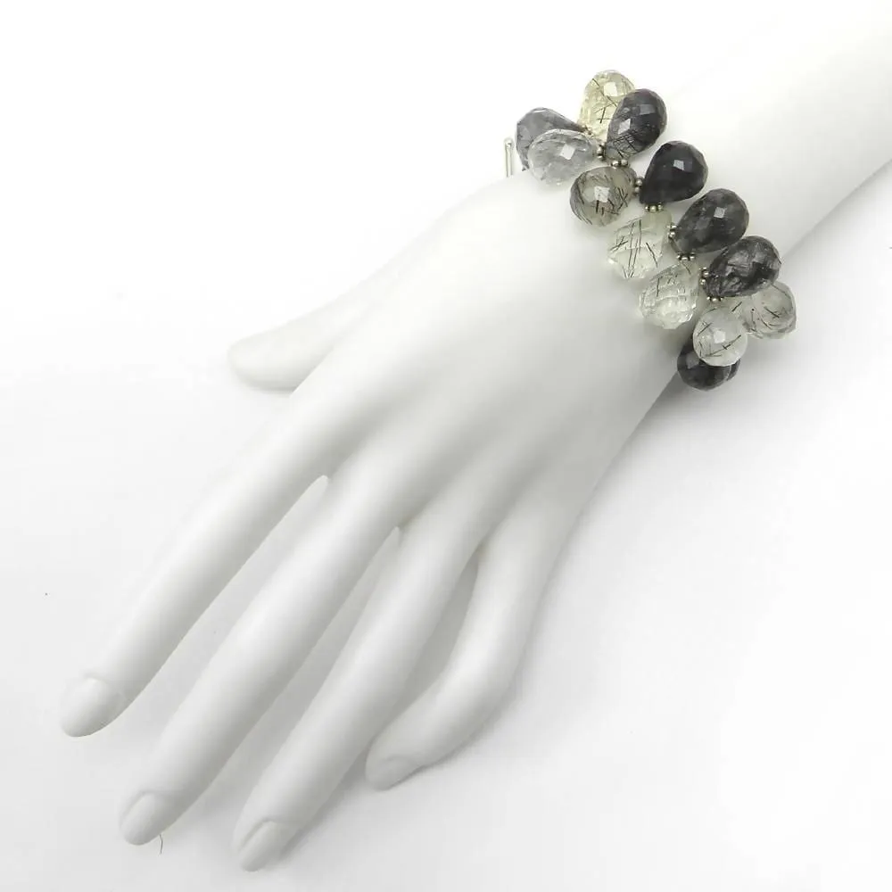 9 Inch Natural Black Rutile Quartz Faceted Drop Silver Link Chain bracelet