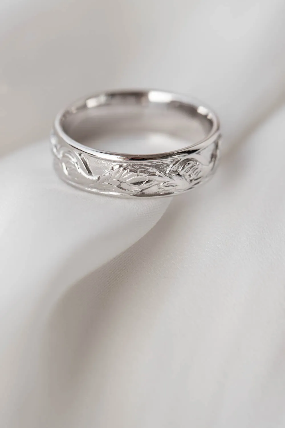 White gold leaf wedding band for man, japanese maple leaves ring